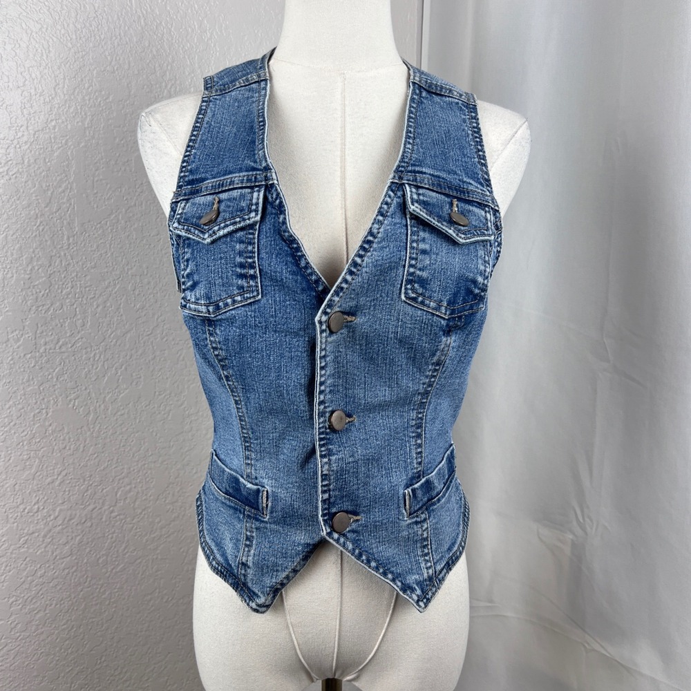 Y2K Denim Vest Juniors Medium Blue Cotton Blend Stretch Retro Boho Western
